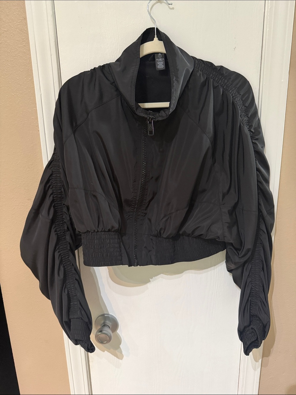 Women's Black Cropped Bomber Jacket with Ruched Sleeves